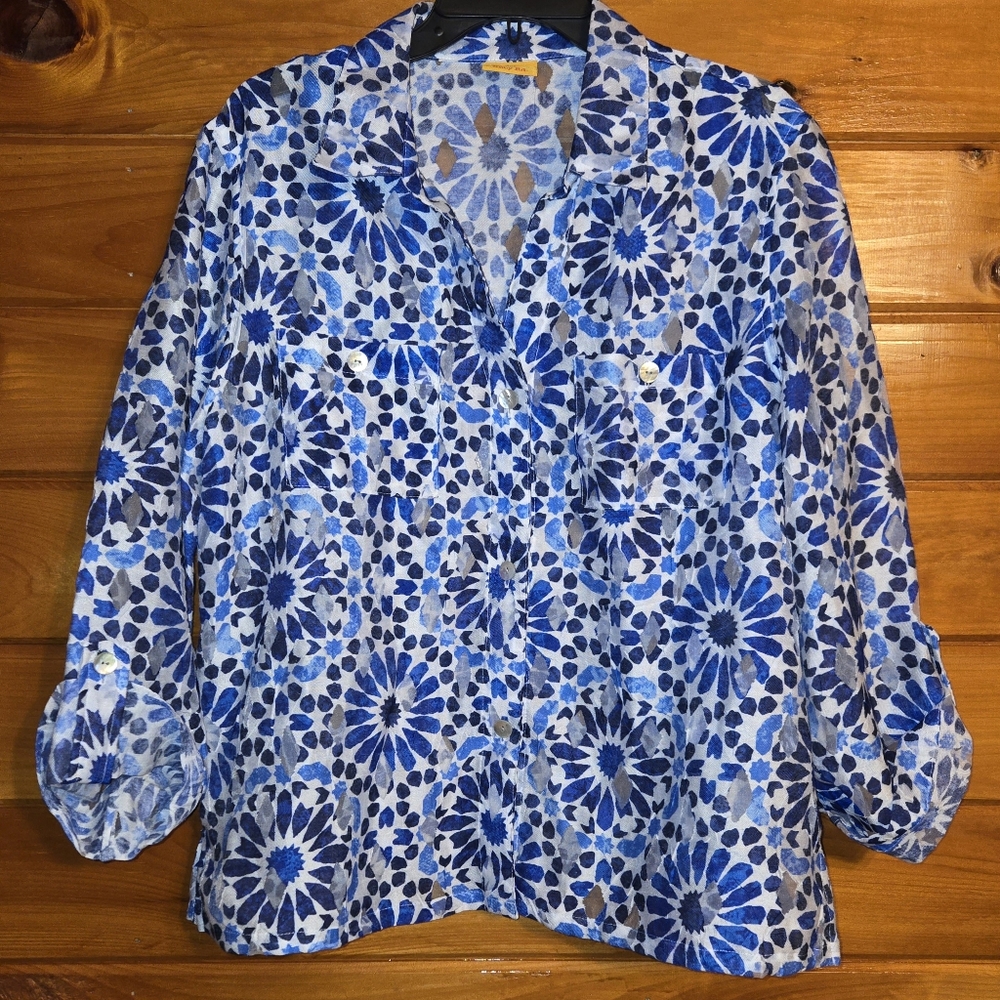 Ruby Rd Blouse, XL Petite, Blue Pattern